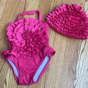 Janie and Jack Hot Pink Rosette Bathing Suit with Matching Swim Cap